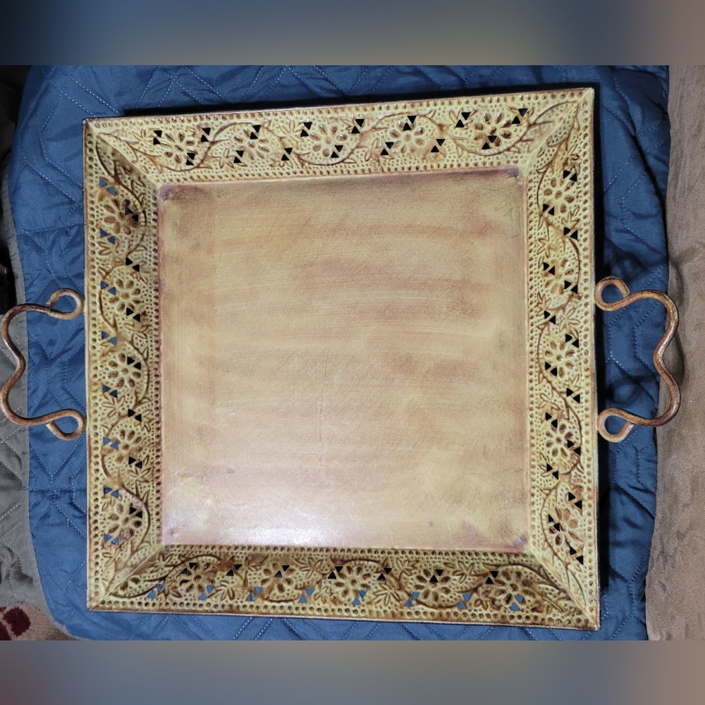 16 inch square Champagne Gold Embossed Metal Tray with handles and feet